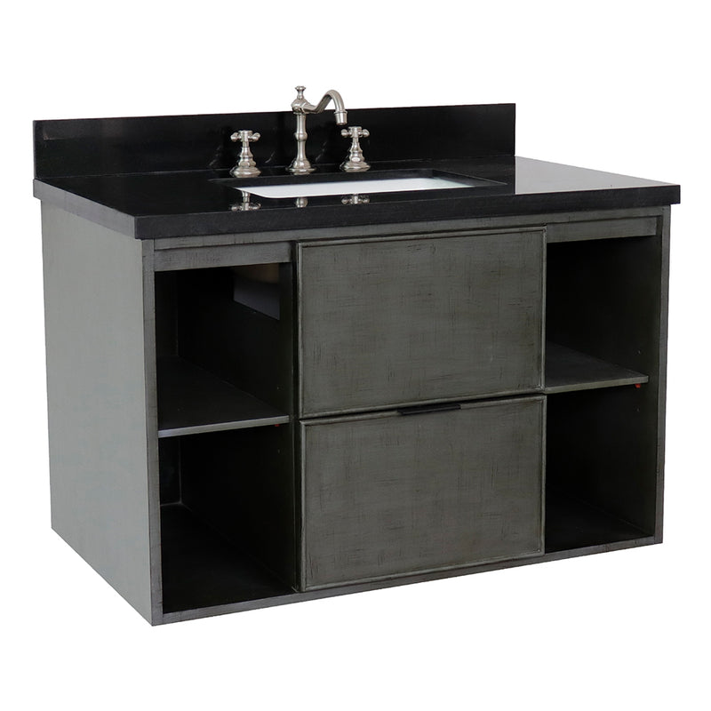 Bellaterra 37" Single Wall Mount Vanity" Linen Gray Finish Top With Black Galaxy And Rectangle Sink 400502-CAB-LY-BGR
