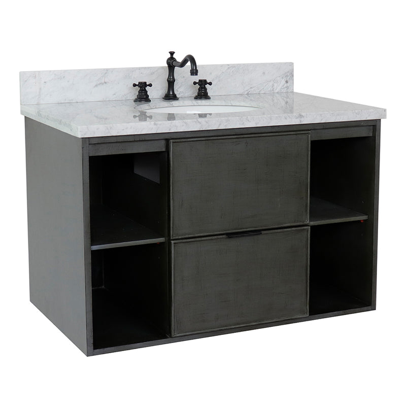 Bellaterra 37" Single Wall Mount Vanity" Linen Gray Finish Top With White Carrara And Oval Sink 400502-CAB-LY-WMO