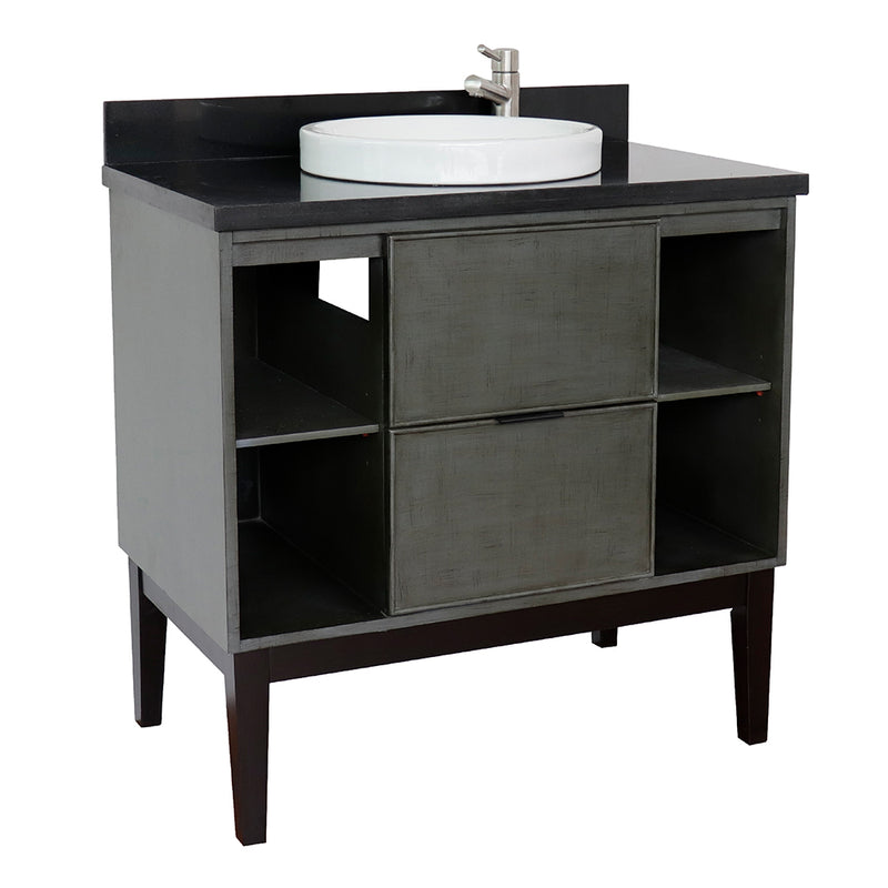 Bellaterra 37" Single Vanity" Linen Gray Finish Top With Black Galaxy And Round Sink 400502-LY-BGRD