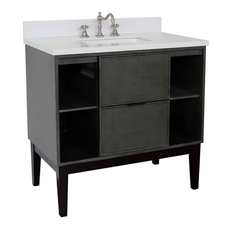 Bellaterra 37" Single Vanity" Linen Gray Finish Top With White Quartz And Rectangle Sink 400502-LY-WER