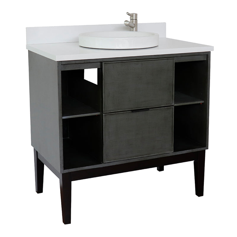 Bellaterra 37" Single Vanity" Linen Gray Finish Top With White Quartz And Round Sink 400502-LY-WERD