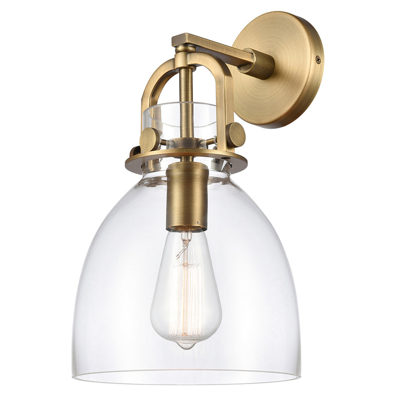 Newton Bell Sconce shown in the Brushed Brass finish with a Clear shade