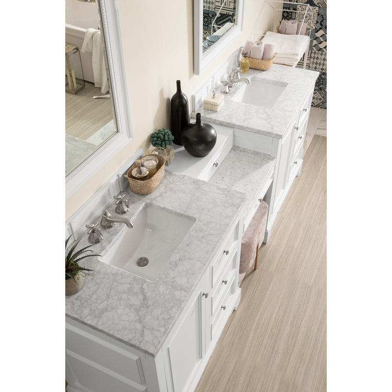 James Martin De Soto 94" Double Vanity Set Bright White with Makeup Table 3 cm Carrara Marble Top 825-V94-BW-DU-CAR