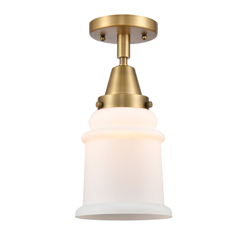 Canton Flush Mount shown in the Brushed Brass finish with a Matte White shade