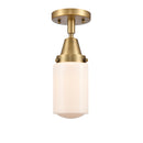 Dover Flush Mount shown in the Brushed Brass finish with a Matte White shade