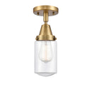 Dover Flush Mount shown in the Brushed Brass finish with a Clear shade