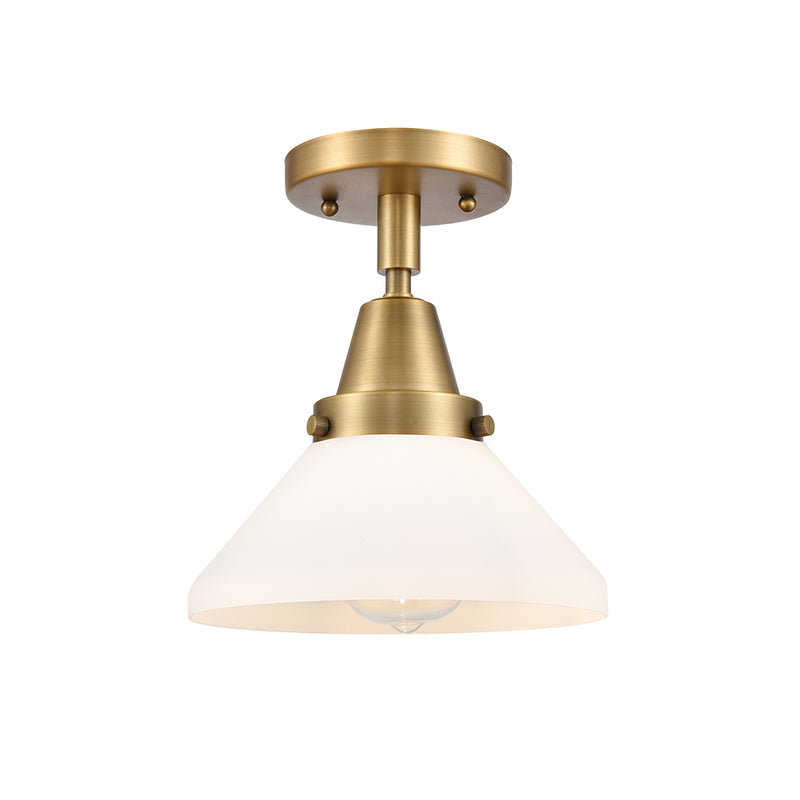 Caden Flush Mount shown in the Brushed Brass finish with a Matte White shade