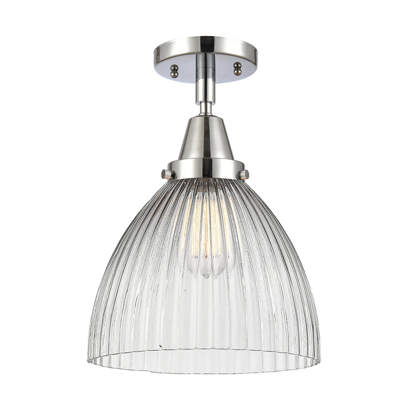 Seneca Falls Flush Mount shown in the Polished Chrome finish with a Clear Halophane shade