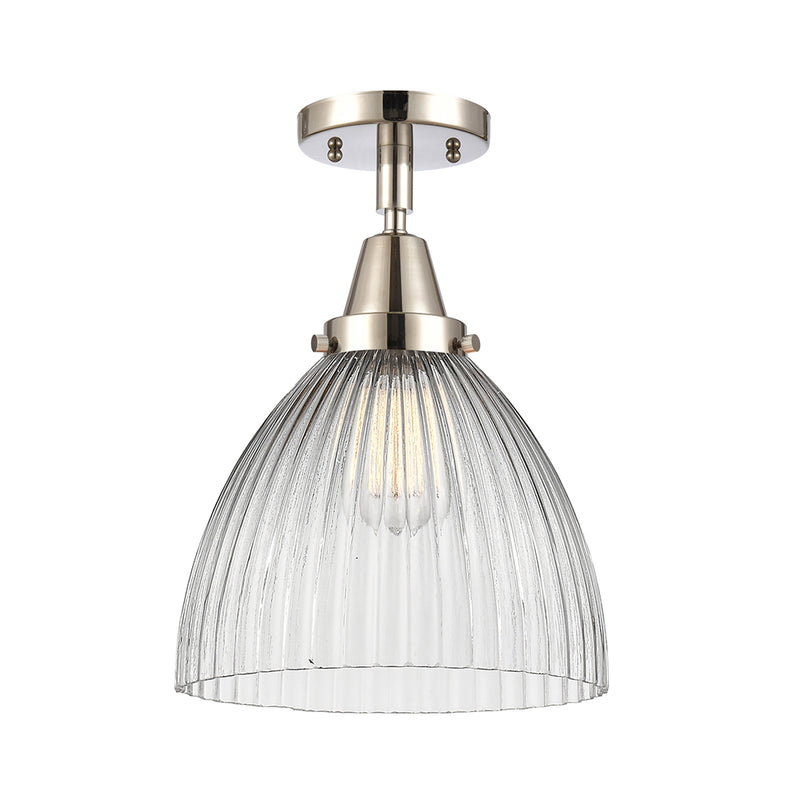 Seneca Falls Flush Mount shown in the Polished Nickel finish with a Clear Halophane shade