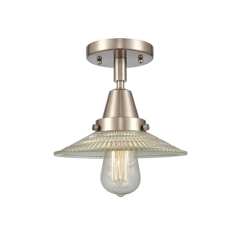 Halophane Flush Mount shown in the Brushed Satin Nickel finish with a Clear Halophane shade
