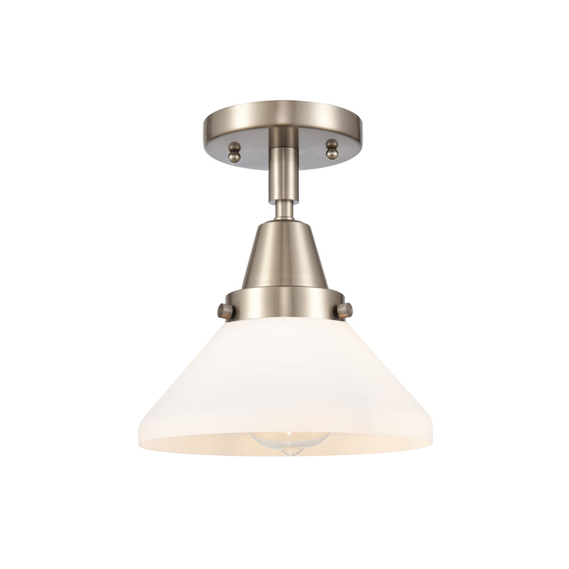 Caden Flush Mount shown in the Brushed Satin Nickel finish with a Matte White shade