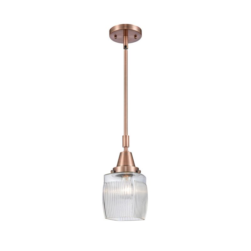 Colton Mini Pendant shown in the Antique Copper finish with a Clear Halophane shade