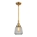 Chatham Mini Pendant shown in the Brushed Brass finish with a Clear shade