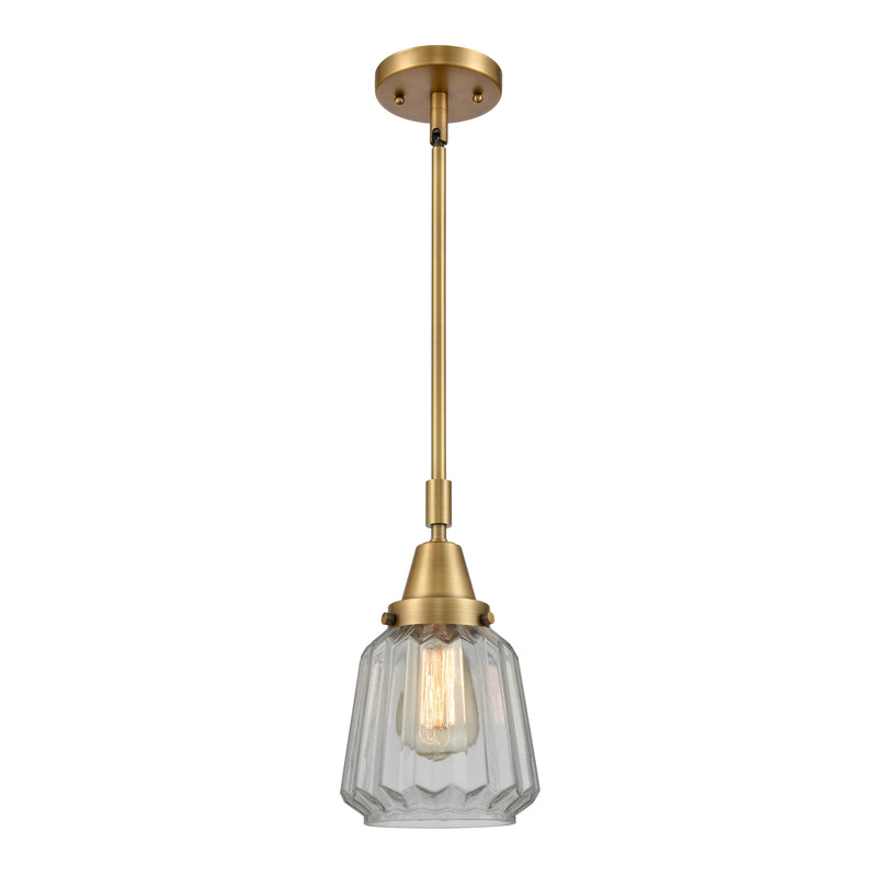 Chatham Mini Pendant shown in the Brushed Brass finish with a Clear shade