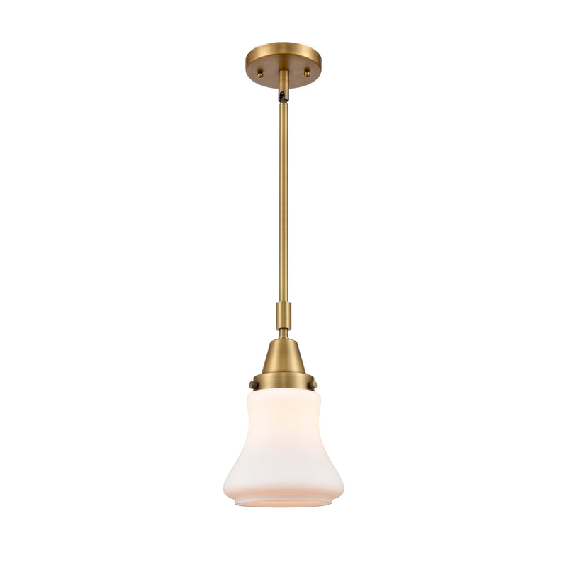 Bellmont Mini Pendant shown in the Brushed Brass finish with a Matte White shade