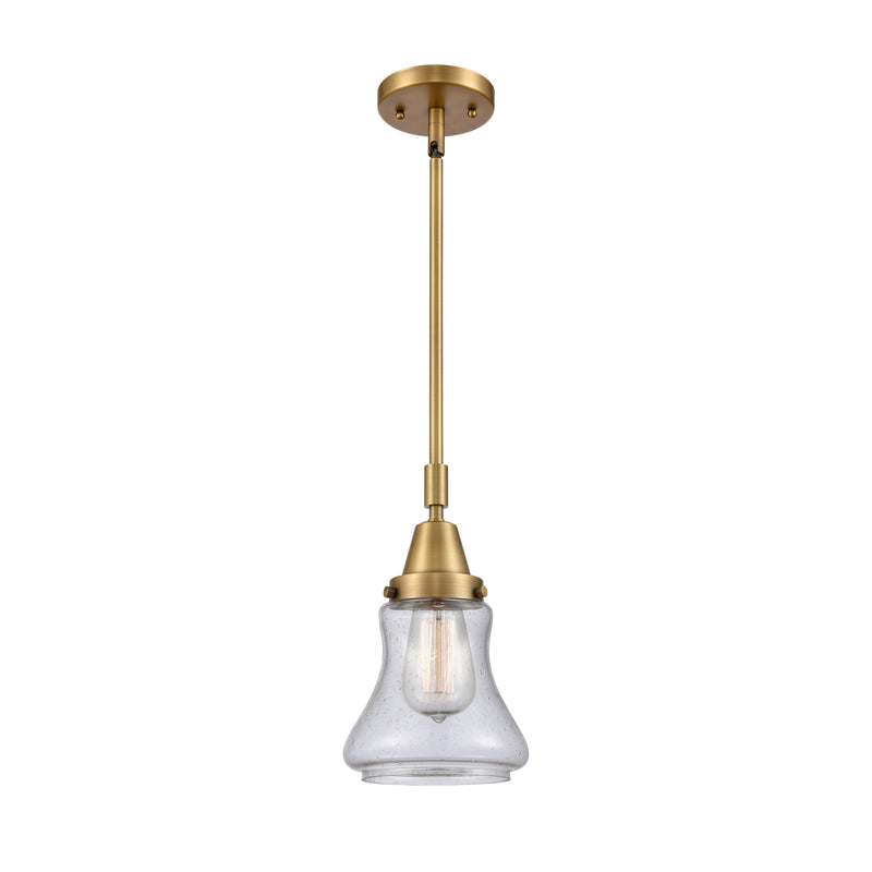 Bellmont Mini Pendant shown in the Brushed Brass finish with a Seedy shade