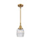 Colton Mini Pendant shown in the Brushed Brass finish with a Clear Halophane shade