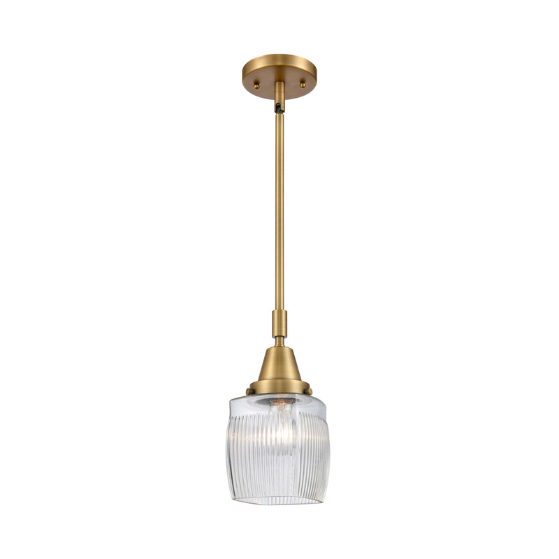 Colton Mini Pendant shown in the Brushed Brass finish with a Clear Halophane shade