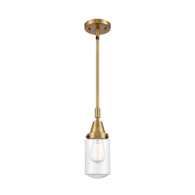 Dover Mini Pendant shown in the Brushed Brass finish with a Clear shade