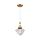 Oxford Mini Pendant shown in the Brushed Brass finish with a Clear shade