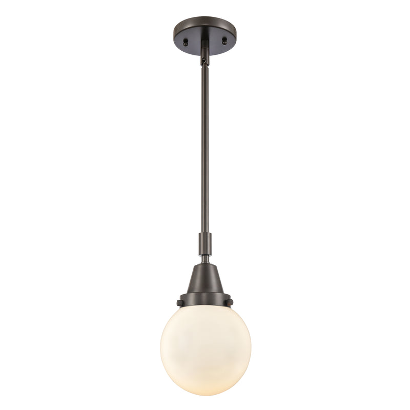 Beacon Mini Pendant shown in the Oil Rubbed Bronze finish with a Matte White shade