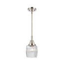 Colton Mini Pendant shown in the Polished Nickel finish with a Clear Halophane shade