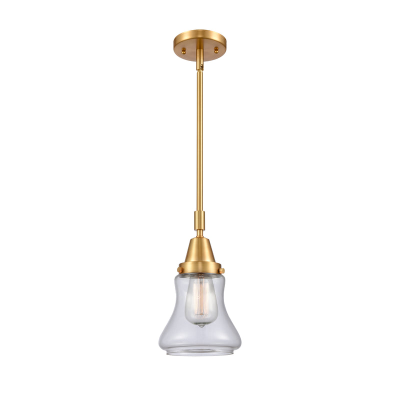 Bellmont Mini Pendant shown in the Satin Gold finish with a Clear shade