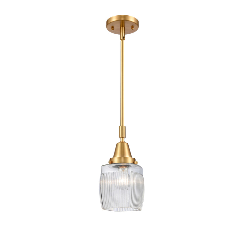 Colton Mini Pendant shown in the Satin Gold finish with a Clear Halophane shade