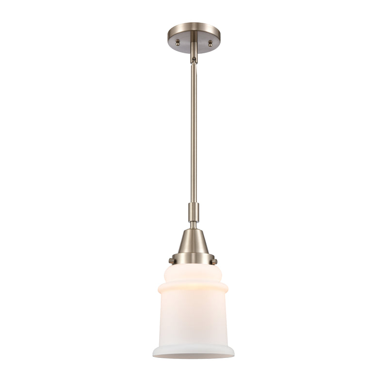 Canton Mini Pendant shown in the Brushed Satin Nickel finish with a Matte White shade