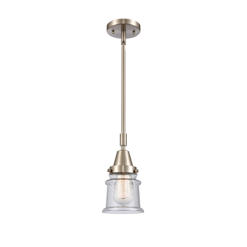 Canton Mini Pendant shown in the Brushed Satin Nickel finish with a Seedy shade