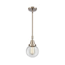 Beacon Mini Pendant shown in the Brushed Satin Nickel finish with a Clear shade