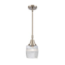 Colton Mini Pendant shown in the Brushed Satin Nickel finish with a Clear Halophane shade