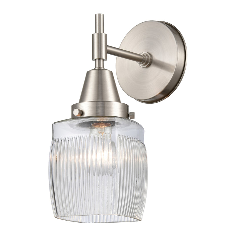 Caden Sconce shown in the Satin Nickel finish with a Clear Halophane shade