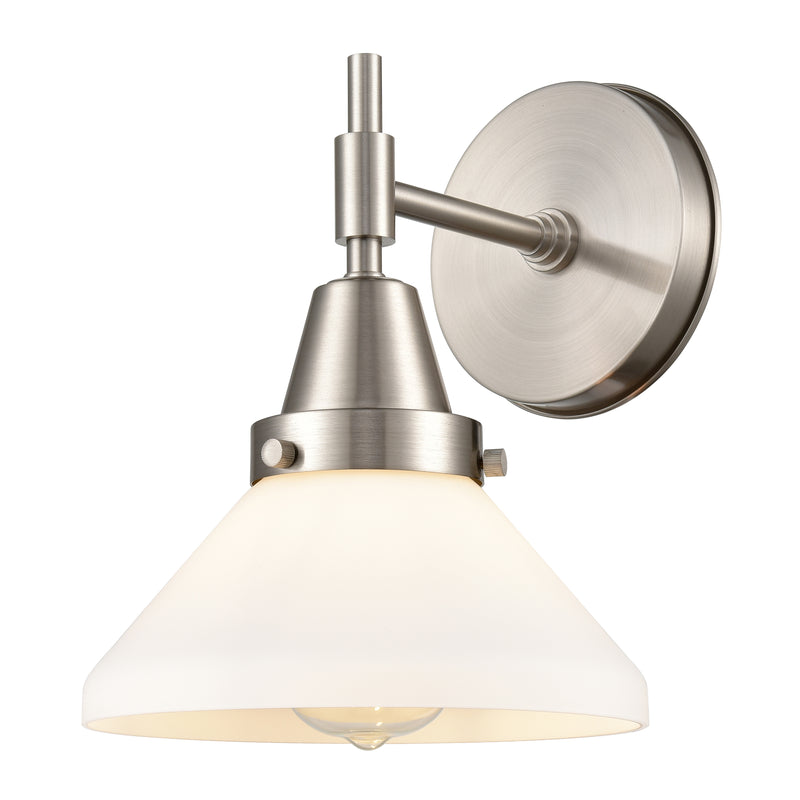 Caden Sconce shown in the Satin Nickel finish with a Matte White shade