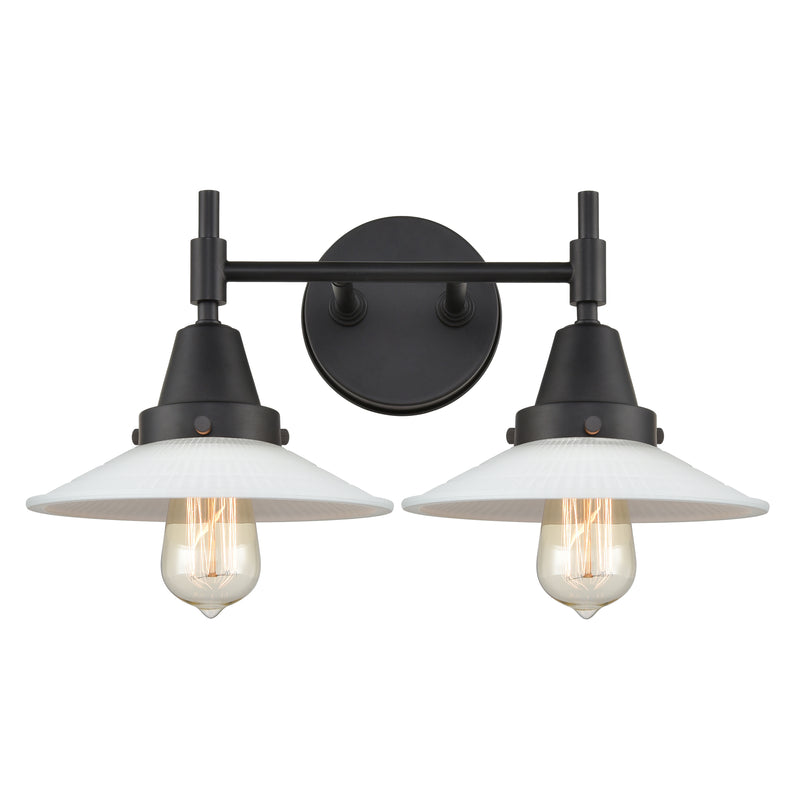 Caden Bath Vanity Light shown in the Matte Black finish with a Matte White Halophane shade