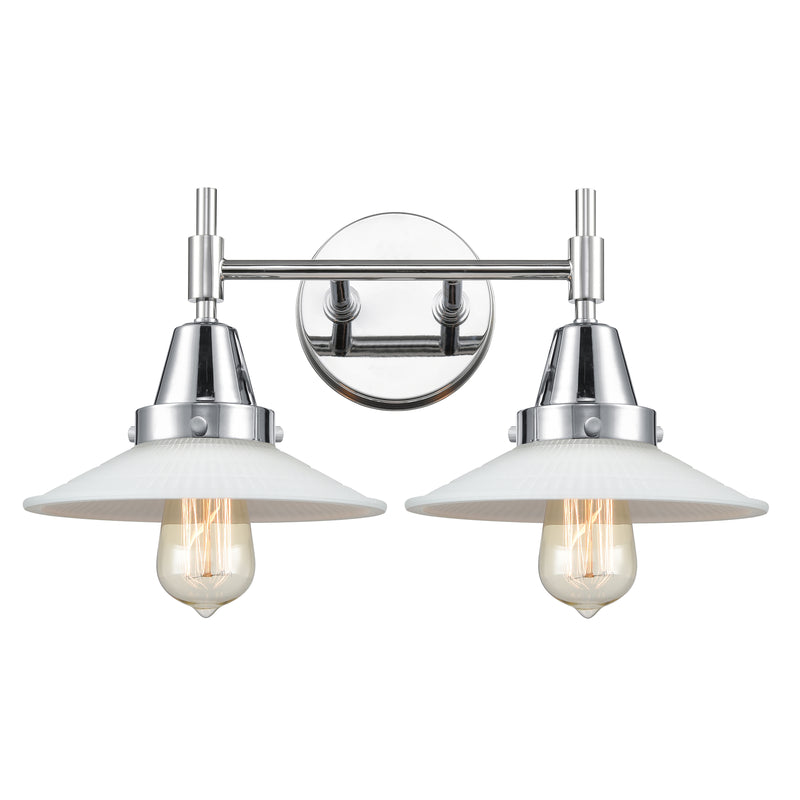 Caden Bath Vanity Light shown in the Polished Chrome finish with a Matte White Halophane shade