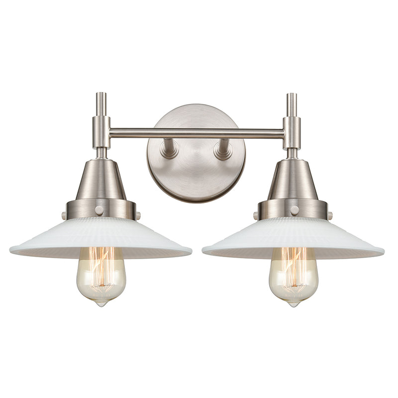 Caden Bath Vanity Light shown in the Satin Nickel finish with a Matte White Halophane shade