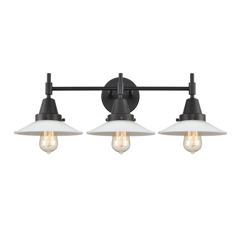 Caden Bath Vanity Light shown in the Matte Black finish with a Matte White Halophane shade