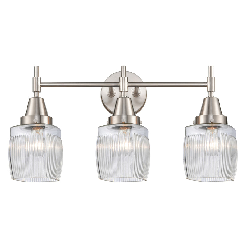 Caden Bath Vanity Light shown in the Satin Nickel finish with a Clear Halophane shade