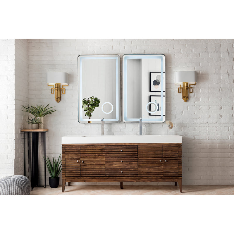 James Martin Linear 72" Double Vanity Mid Century Walnut with Glossy White Composite Top 210-V72D-WLT-GW