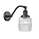 Colton Sconce shown in the Matte Black finish with a Clear Halophane shade