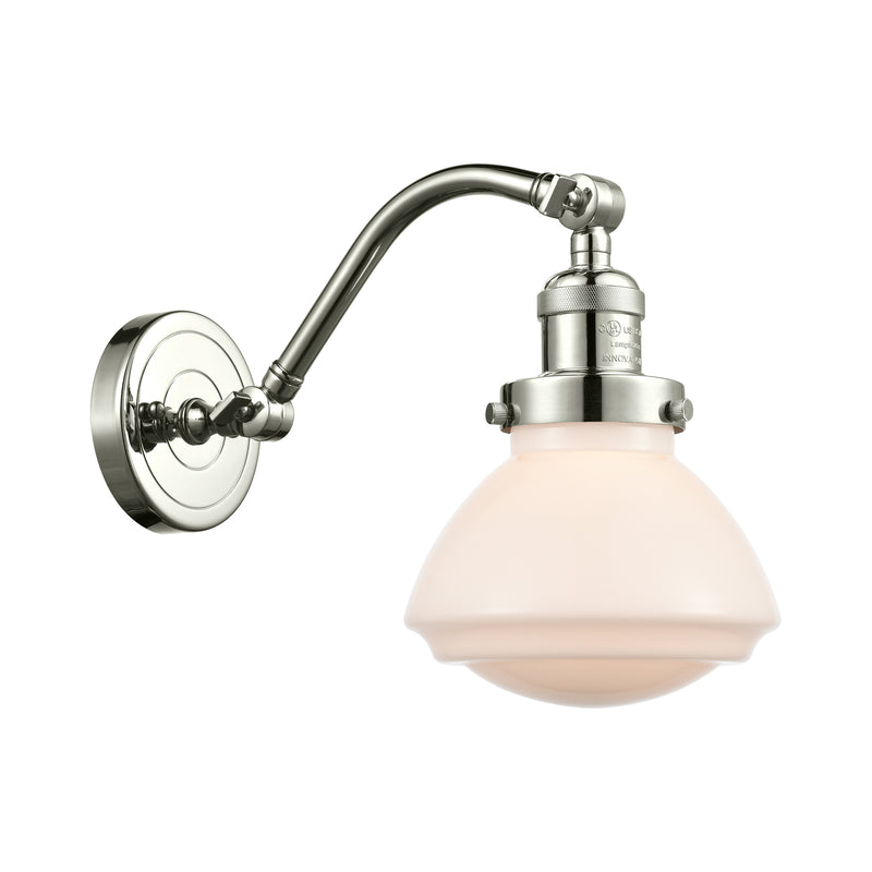 Olean Sconce shown in the Polished Nickel finish with a Matte White shade