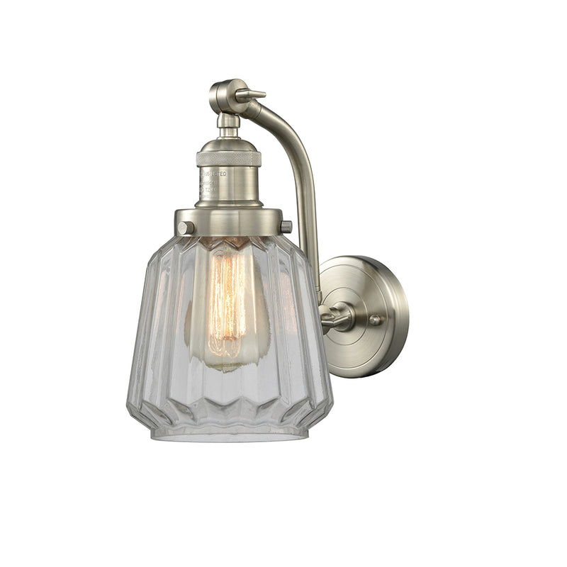 Chatham Sconce shown in the Brushed Satin Nickel finish with a Clear shade