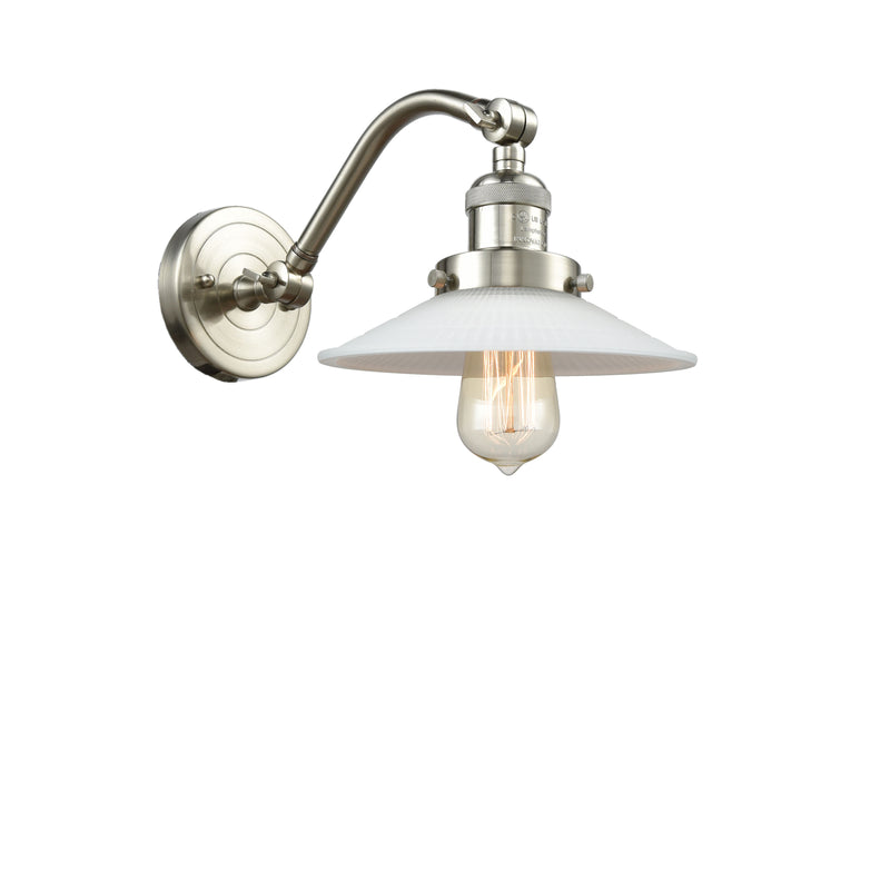 Halophane Sconce shown in the Brushed Satin Nickel finish with a Matte White Halophane shade