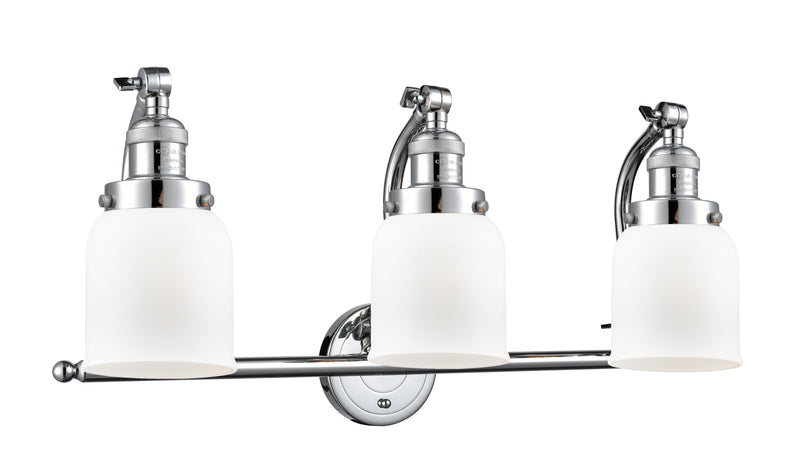 Innovations Lighting Small Bell 3-100 watt 28 inch Polished Chrome Bathroom Fixture with Matte White Cased glass and Solid Brass 180 Degree Adjustable Swivels 5153WPCG51
