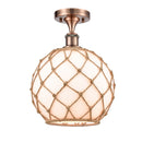 Farmhouse Rope Semi-Flush Mount shown in the Antique Copper finish with a White Glass with Brown Rope shade