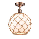 Farmhouse Rope Semi-Flush Mount shown in the Antique Copper finish with a White Glass with Brown Rope shade