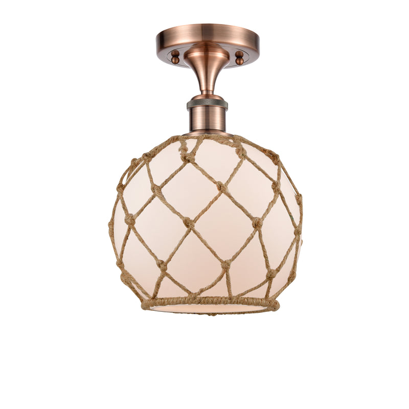 Farmhouse Rope Semi-Flush Mount shown in the Antique Copper finish with a White Glass with Brown Rope shade