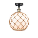 Farmhouse Rope Semi-Flush Mount shown in the Black Antique Brass finish with a White Glass with Brown Rope shade