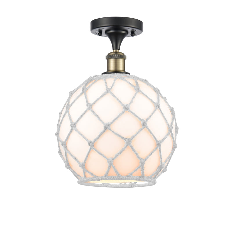 Farmhouse Rope Semi-Flush Mount shown in the Black Antique Brass finish with a White Glass with White Rope shade